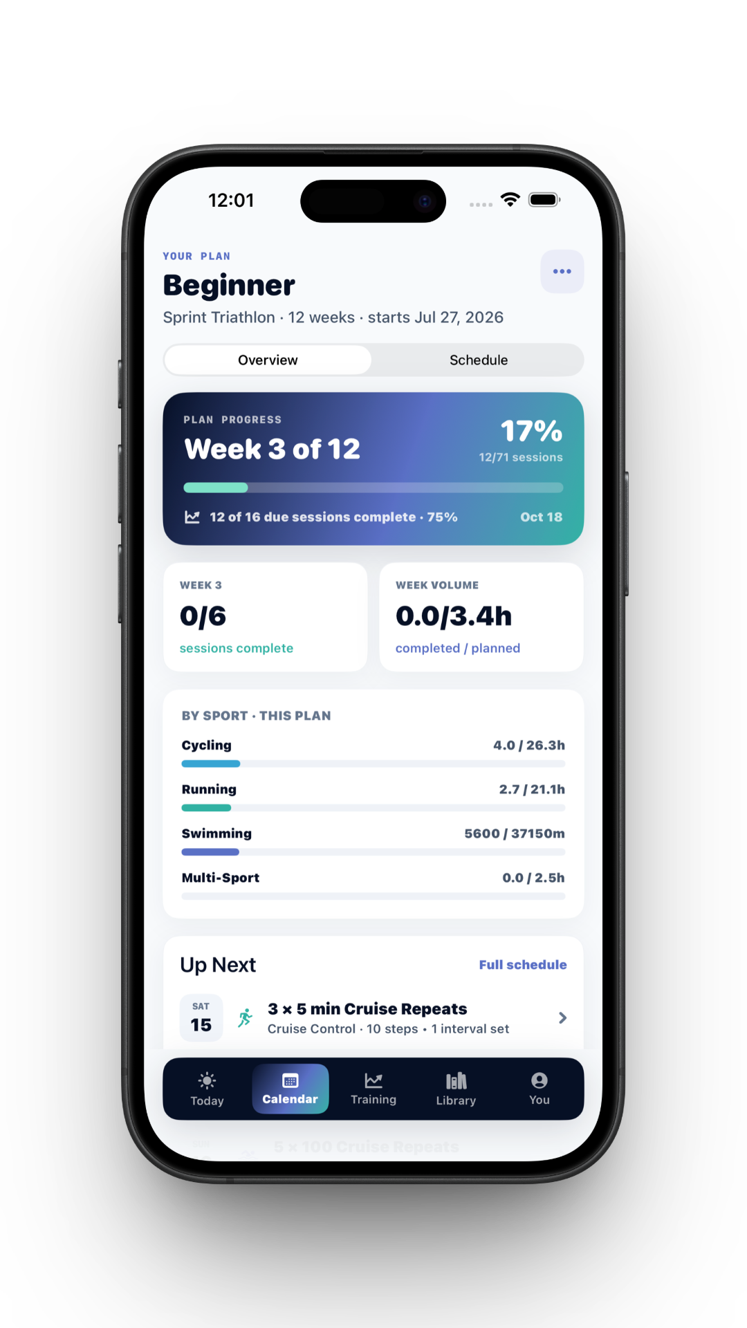 Slow N Steady Sprint triathlon plan showing week three progress, completed sessions, sport totals, and upcoming workouts